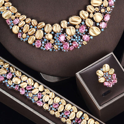 Exaggerated Necklace and Earring Wedding Set; gold-tone with pink and blue stones