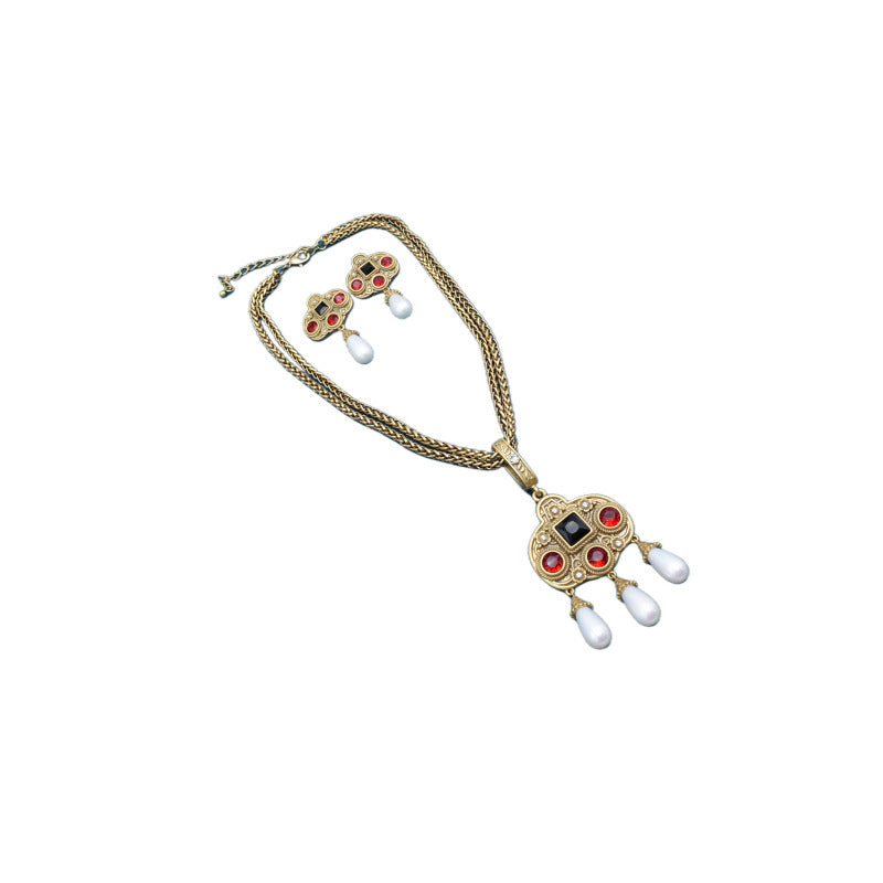 Vintage glass-inlaid tassel pearl necklace and matching gold-tone earrings set by cj (3-piece)