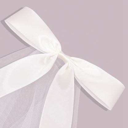 CJ Ladies Fashion Ribbon Bridal Veil, short white tulle with satin ribbon bow