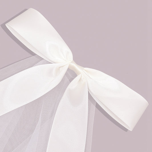 CJ Ladies Fashion Ribbon Bridal Veil, short white tulle with satin ribbon bow