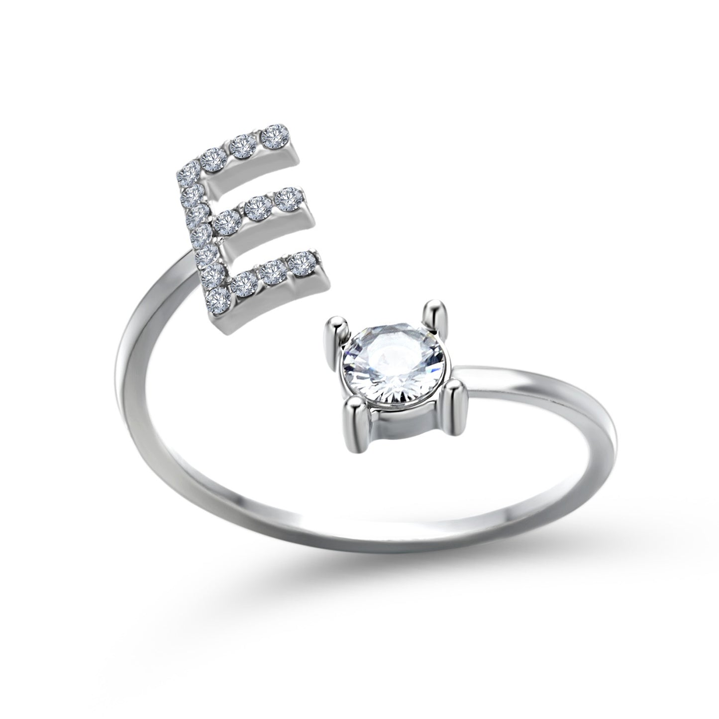 Adjustable silver ring with an E-shaped pavé-diamond accent and a solitaire center stone