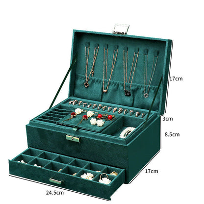 3-layer green velvet jewelry box by edenista with hanging necklace slots and pull-out drawer