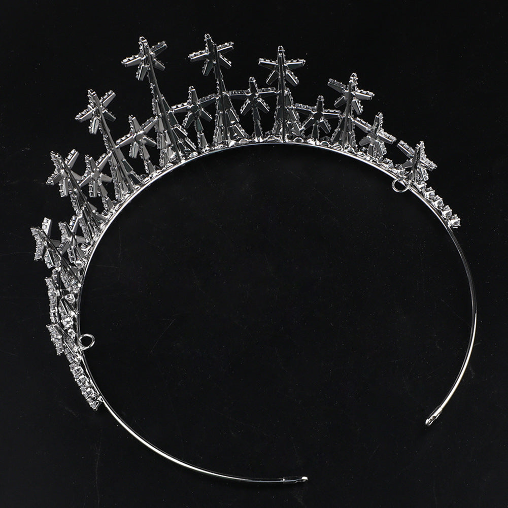 Zircon bridal crown tiara with crystal cross motifs on a silver band