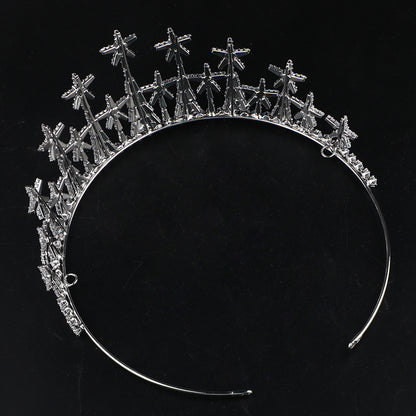 Zircon bridal crown tiara with crystal cross motifs on a silver band