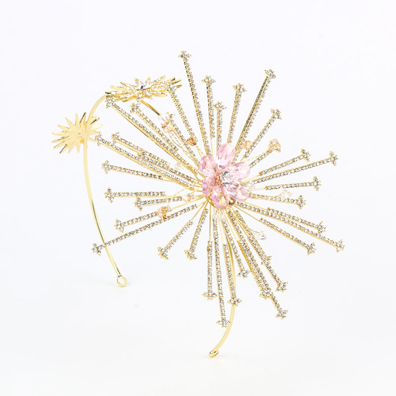 Bridal rhinestone headband gold-tone sunburst design with pink centerpiece