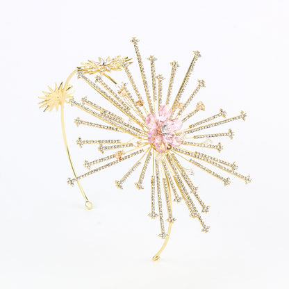 Bridal rhinestone headband gold-tone sunburst design with pink centerpiece