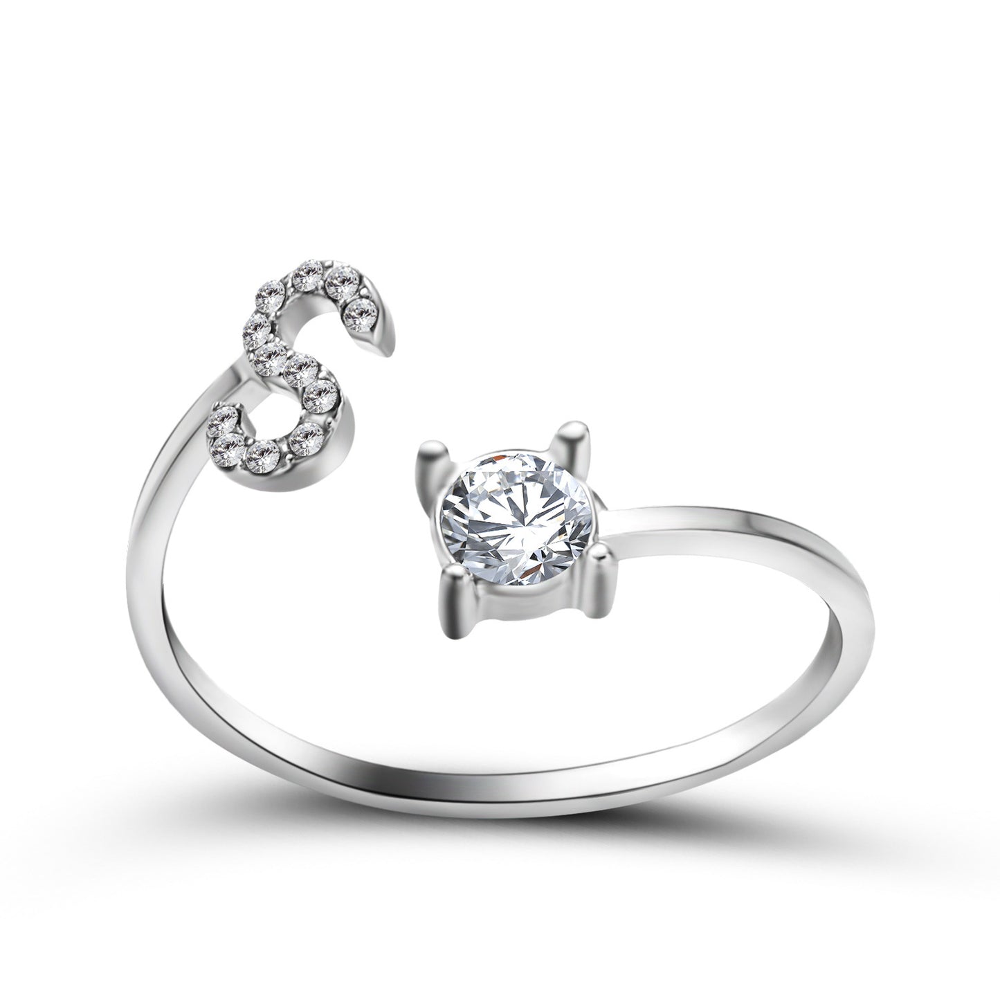 Adjustable silver ring with pavé-set curved end and a solitaire diamond in a prong setting