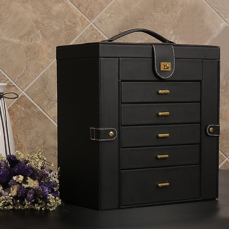 Black multifunctional jewelry box with gold-tone hardware and multiple drawers