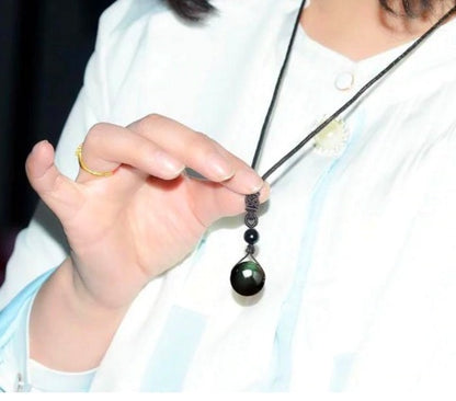 Natural obsidian pendant necklace on black polyester rope chain by CJ