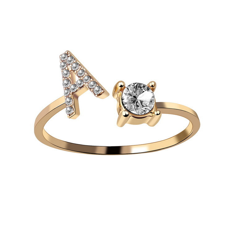 New Design Adjustable Initial A Ring for Women, gold-tone band with crystal-stone letter A and a solitaire setting.