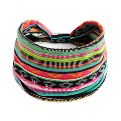 Bohemian yoga headband in bright striped pattern; elastic sweat-absorbent sports accessory