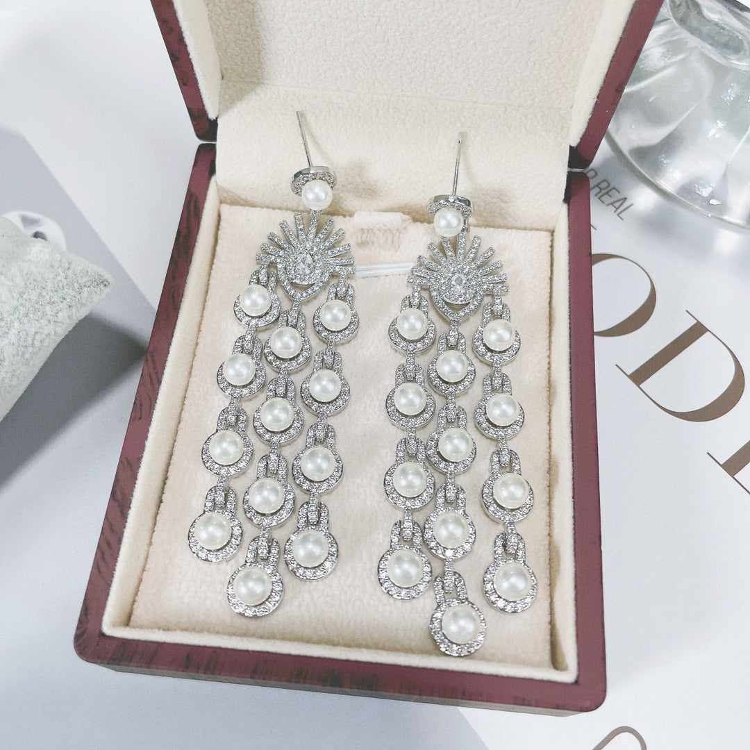 Micro Inlay Zircon Style Beaded Fringe Earrings, CJ brand; silver-tone with dangling pearl beads, pair.