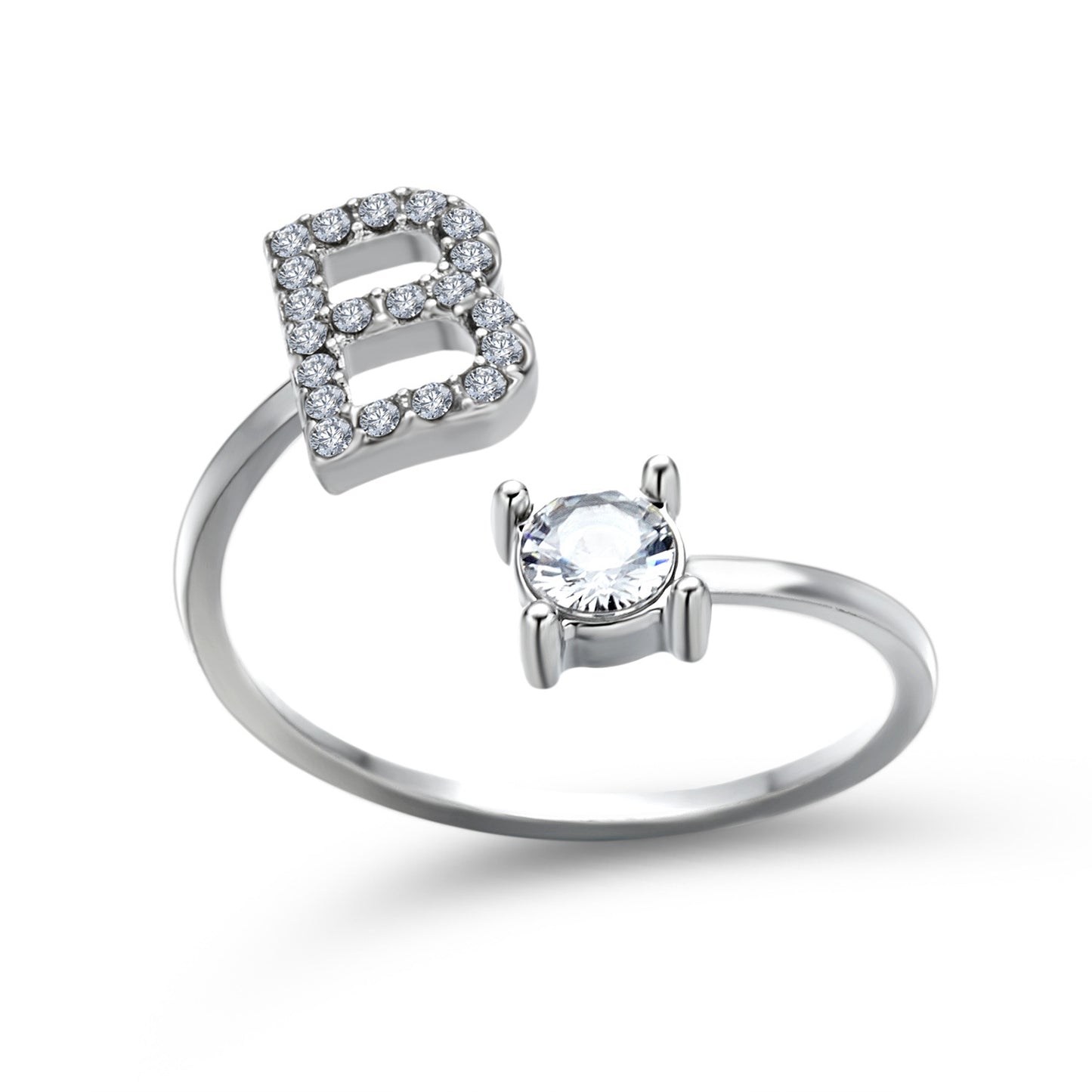 edenista initial letter ring set: adjustable B pave diamond ring and solitaire gemstone ring in silver