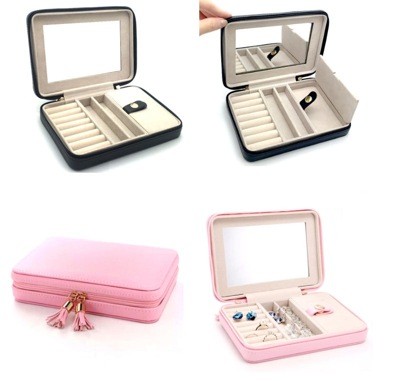 Jewelry box portable edenista, black and pink variants with interior compartments and mirror (4-piece set)