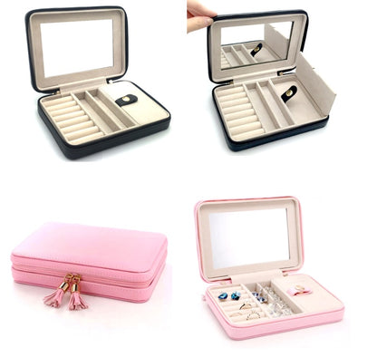 Jewelry box portable edenista, black and pink variants with interior compartments and mirror (4-piece set)