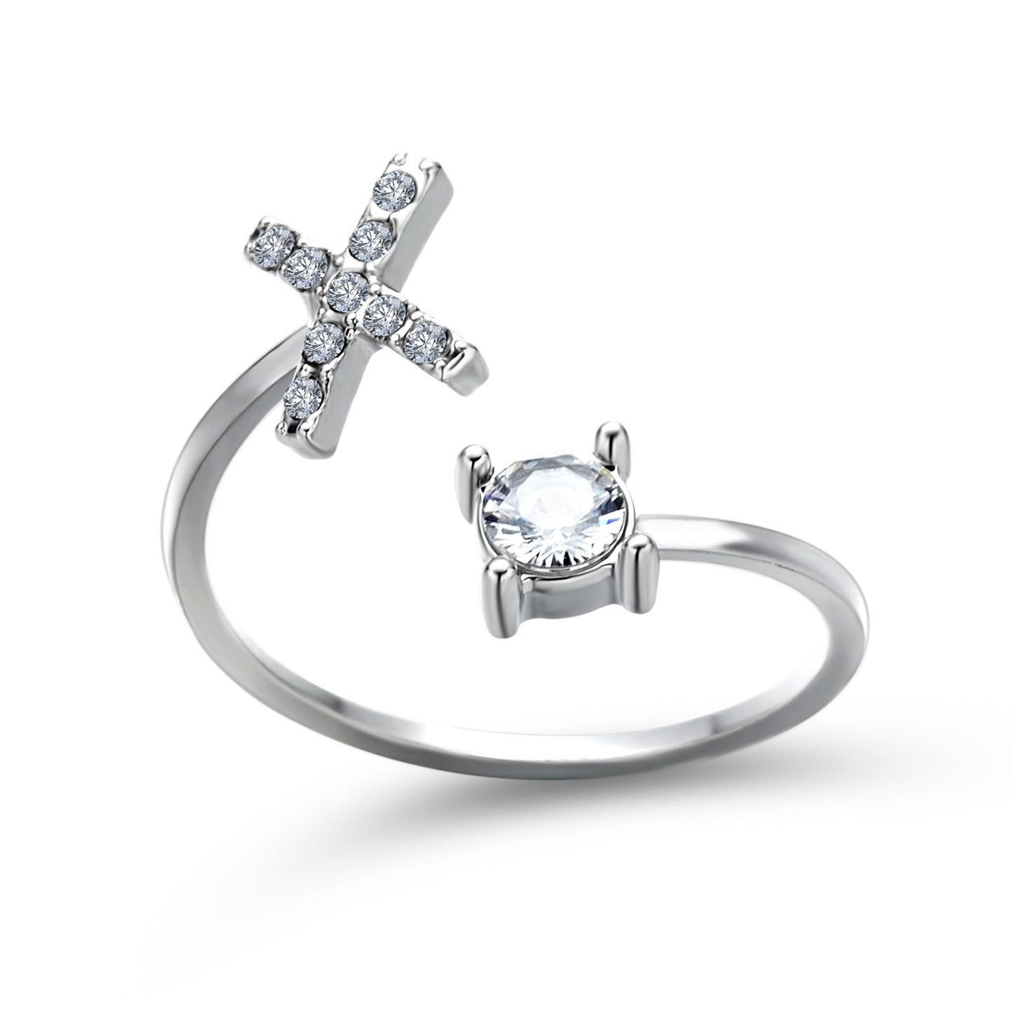 Adjustable silver ring with a diamond-studded cross and a solitaire gemstone setting