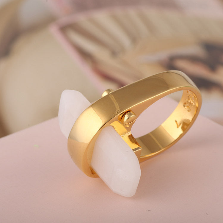 Rectangular natural stone ring with gold-tone band and white stone, CJ brand