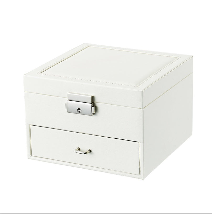 Jewelry box white PU leather edenista with top lid and bottom drawer for earrings and rings