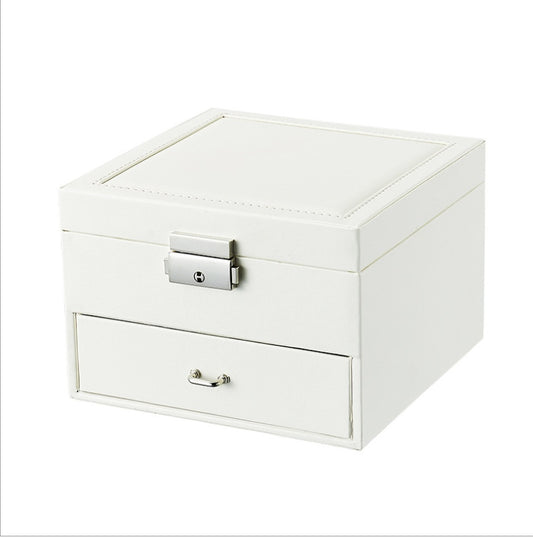 Jewelry box white PU leather edenista with top lid and bottom drawer for earrings and rings