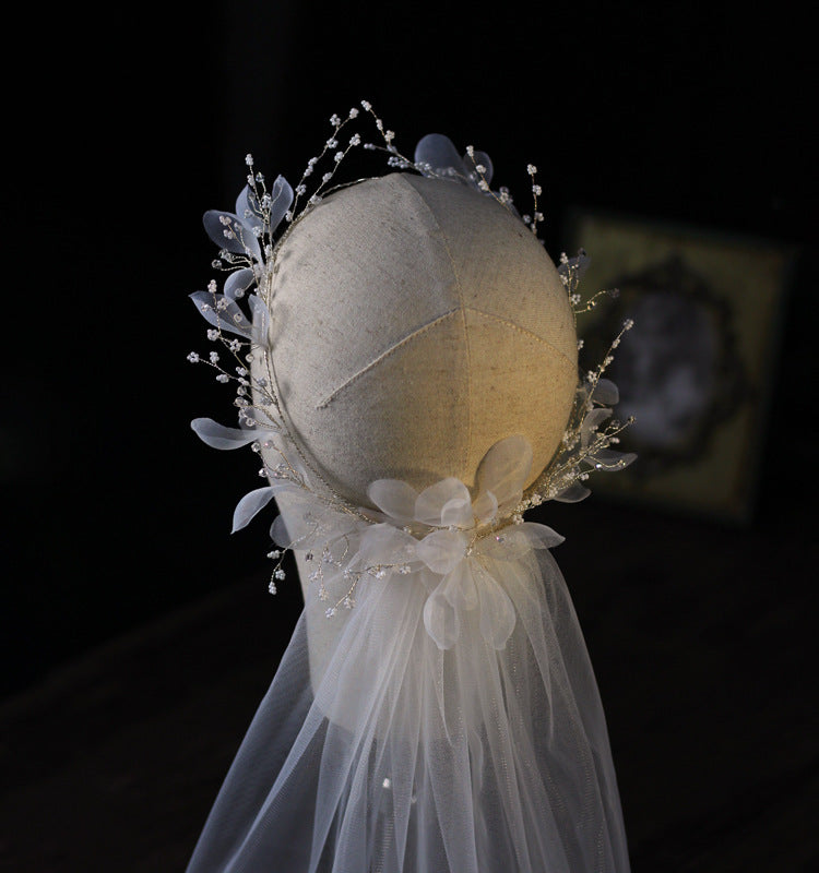 Bridal wreath veil headpiece by CJ with ivory tulle and crystal bead accents