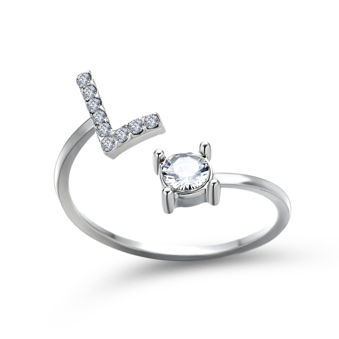Adjustable silver-tone L-shaped initial-letter ring with pavé diamonds and a solitaire center stone