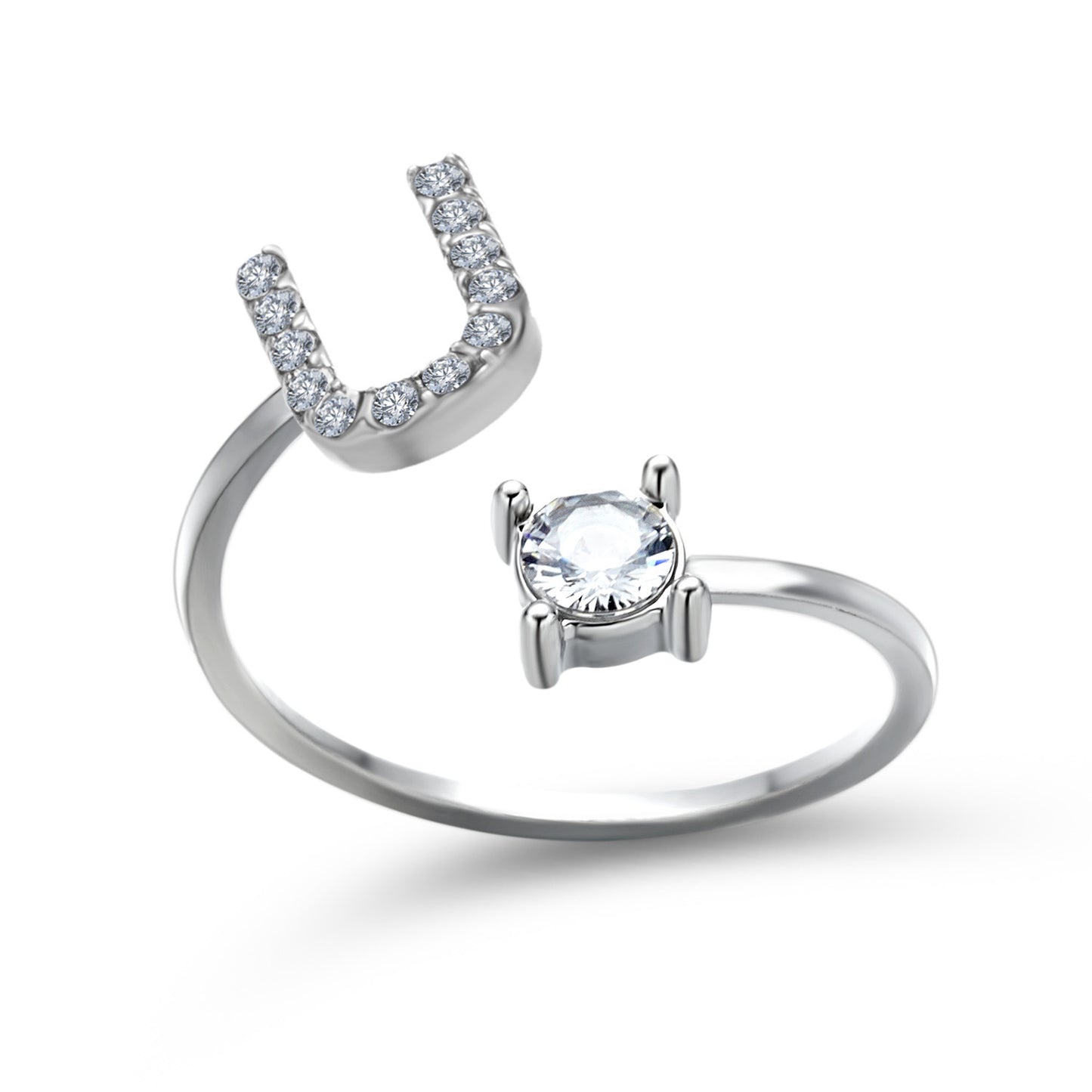 edenista adjustable silver ring with pave U-shape of diamonds and a solitaire diamond