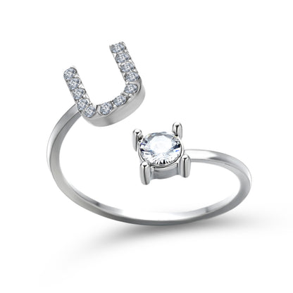 edenista adjustable silver ring with pave U-shape of diamonds and a solitaire diamond
