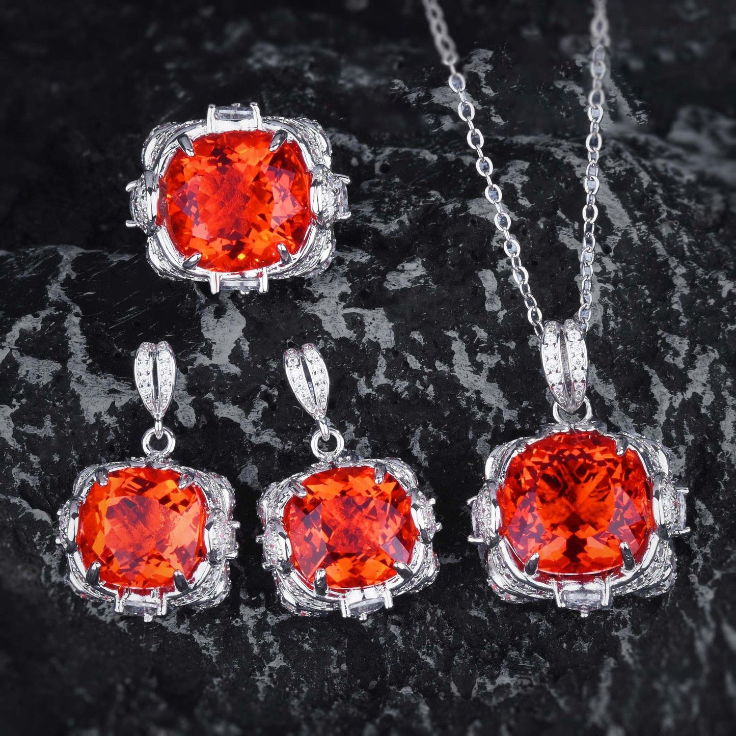 Women's Creative All-Match ring, necklace and earrings set with cushion-cut red stones in silver-tone metal