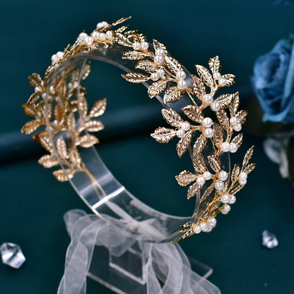 Bridal headband alloy with gold-tone leaves and pearl beads