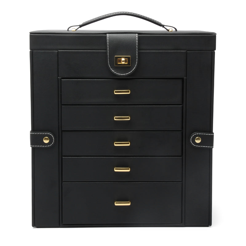 Multifunctional jewelry box by edenista, black leather exterior with gold-tone hardware and multiple drawers