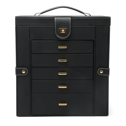 Multifunctional jewelry box by edenista, black leather exterior with gold-tone hardware and multiple drawers