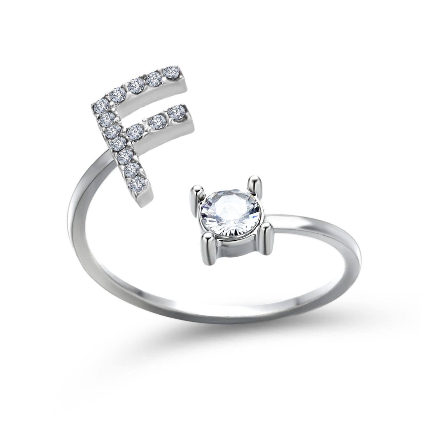 Adjustable silver-tone ring featuring a pavé crystal arc and a solitaire round stone in a prong setting.