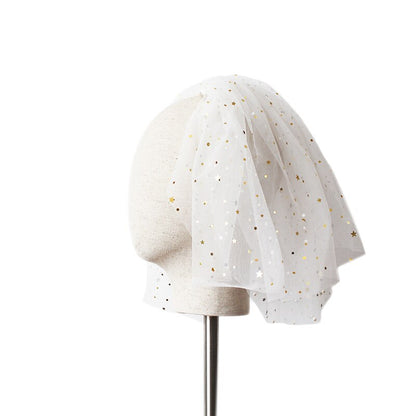 White bridal multi-layer short veil with gold star confetti on tulle