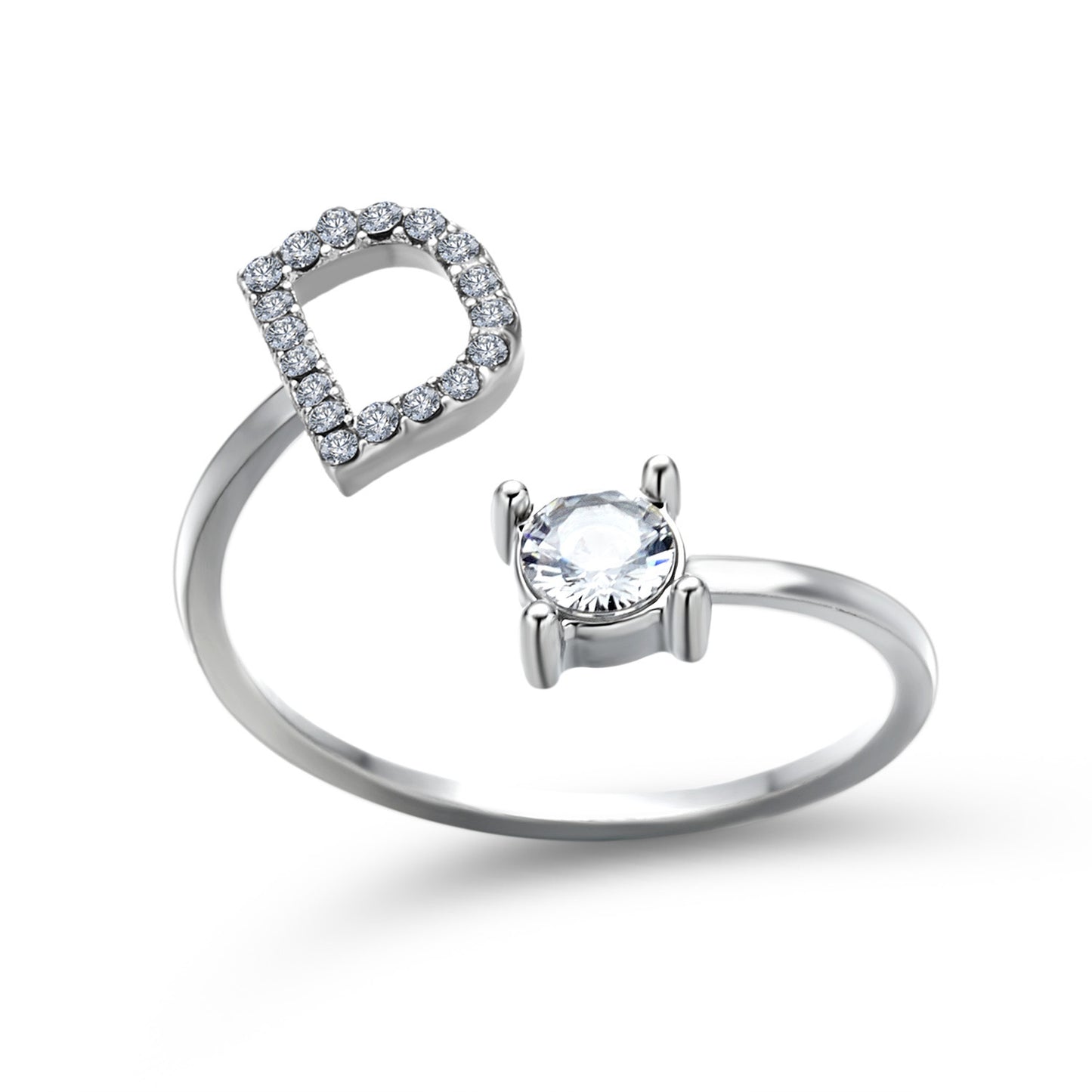 Ring set: two adjustable silver rings, one features a pave-crystal open halo, the other a prong-set solitaire stone.