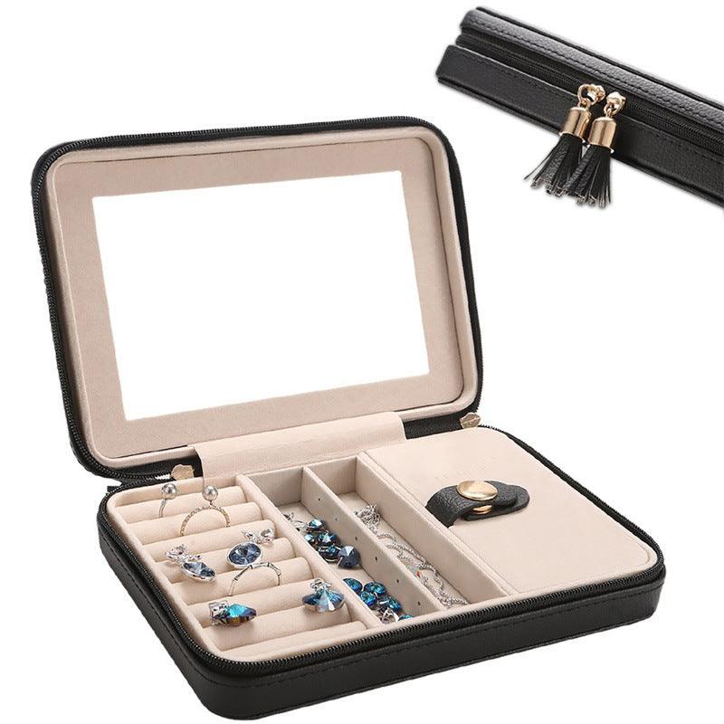 Jewelry box portable black with beige interior and mirror, holds multiple rings and earrings