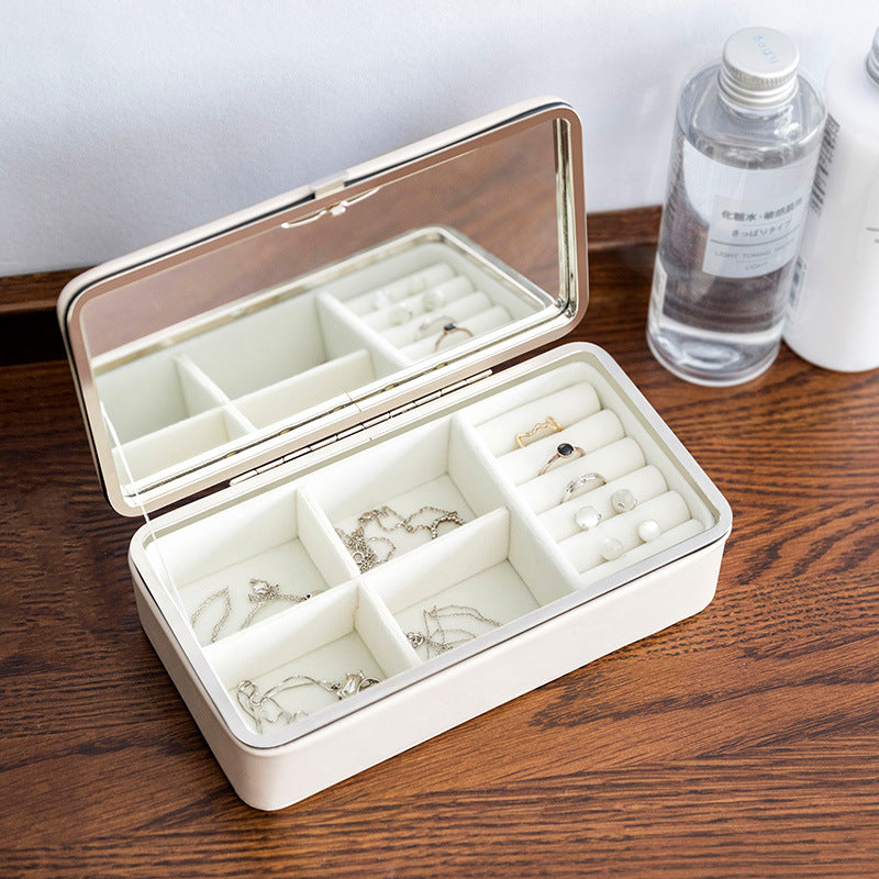 PU jewelry box with glass lid, white exterior, large-capacity with compartments for rings, bracelets and necklaces