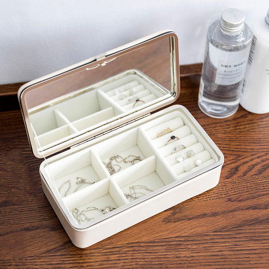 PU jewelry box with glass lid, white exterior, large-capacity with compartments for rings, bracelets and necklaces