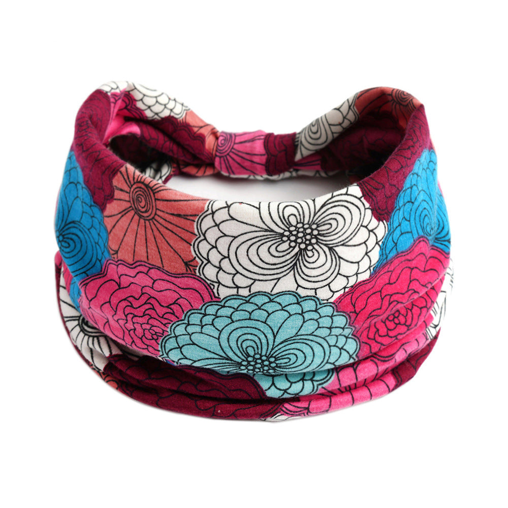 Bohemian Cashew Yoga Sports Headband with multicolor floral pattern, absorbent elastic tube for workouts