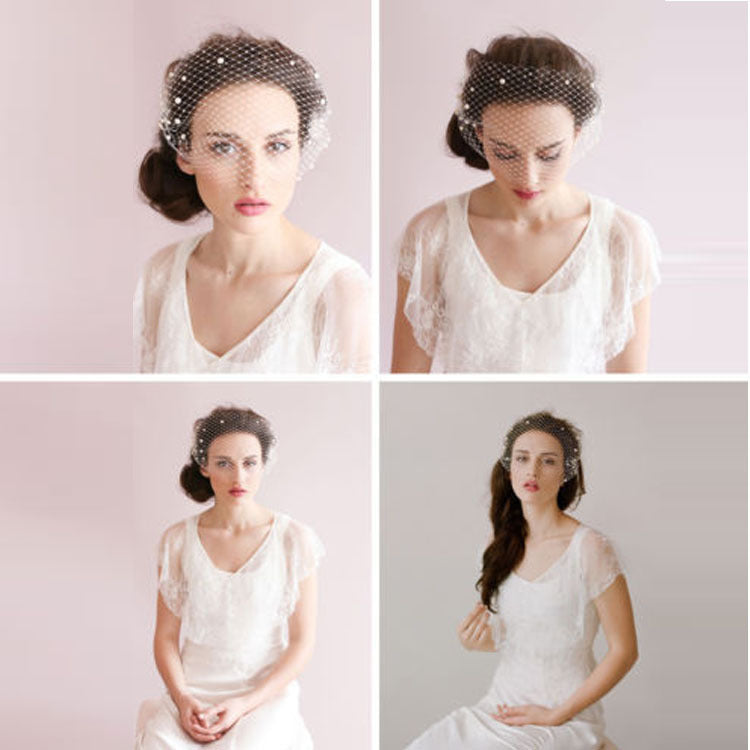 Bridal veil pearl large-hole mesh hair comb with short white veil