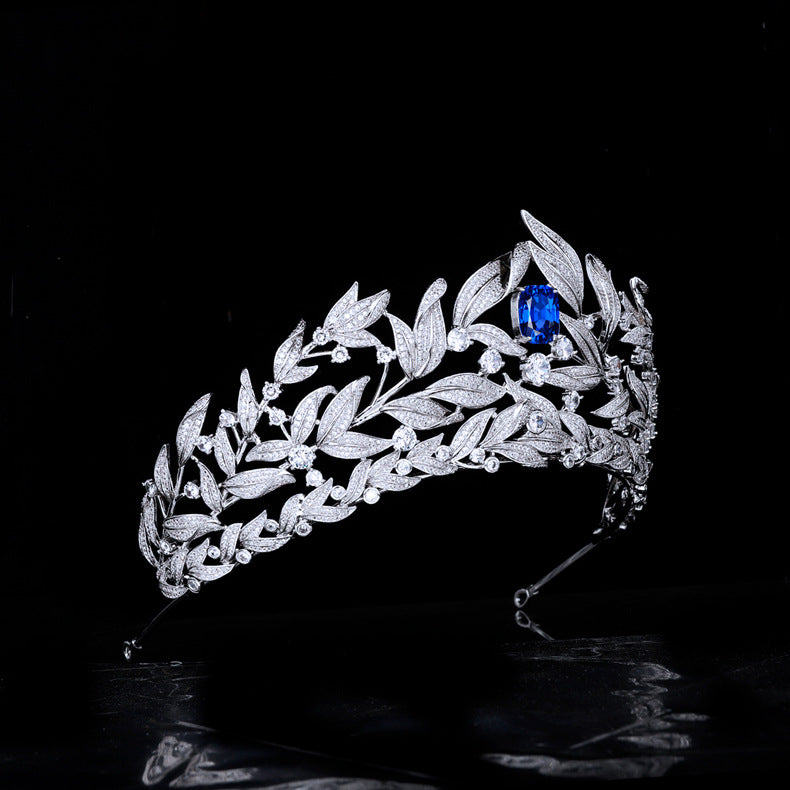 CJ Sapphire Crown Tiara with copper micro-inlay and blue sapphire centerpiece, clear zircon accents