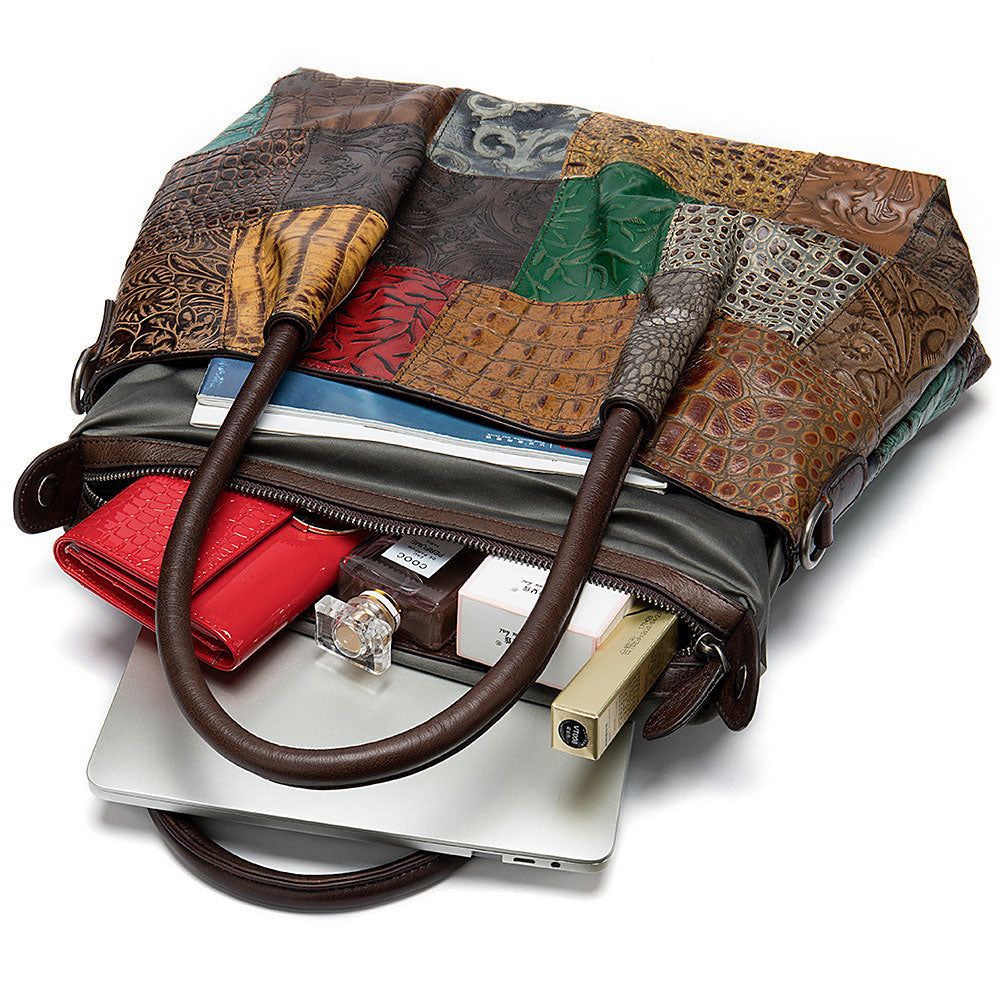 Multicolored patchwork handbag with embossed patterns by edenista