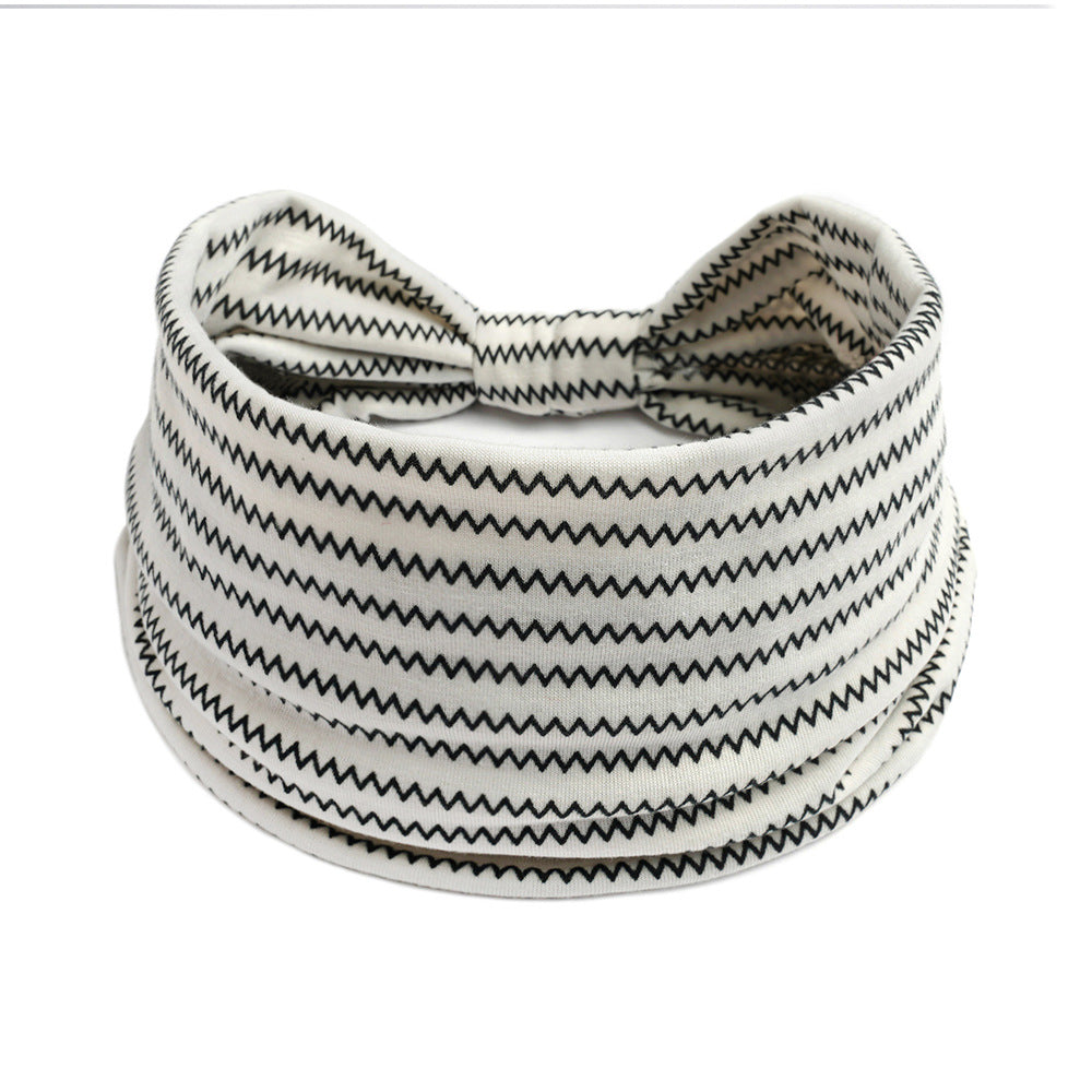 Yoga headband by cj, bohemian striped white fabric with black zigzag pattern for workouts and daily wear