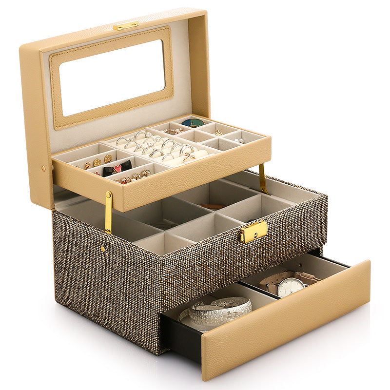 edenista jewelry organizer box with flannel storage trays, beige faux-leather lid, and textured pull-out drawer