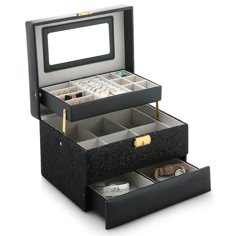 edenista organizing jewelry box with top tray and mirror, black faux-leather finish, two-tier with ring compartments