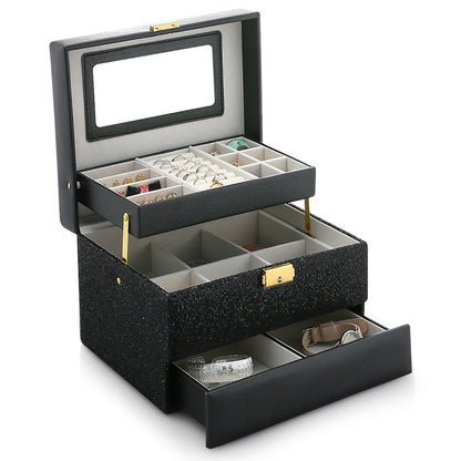 edenista organizing jewelry box with top tray and mirror, black faux-leather finish, two-tier with ring compartments