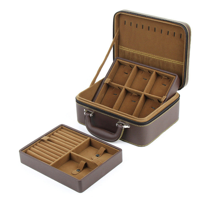 edenista leather travel jewelry box with detachable tray, 2-piece brown double-layer set, tan interior