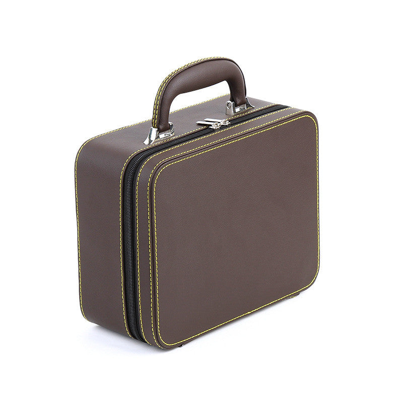 Leather travel jewelry box edenista, brown with yellow stitching, double-layer detachable design
