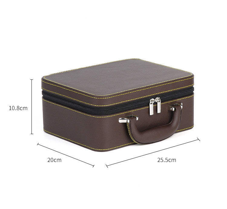 Leather travel jewelry box by edenista; brown leather with yellow stitching, double-layer, detachable storage, zipper closure.