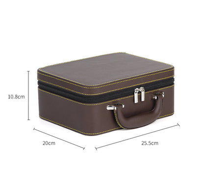 Leather travel jewelry box by edenista; brown leather with yellow stitching, double-layer, detachable storage, zipper closure.