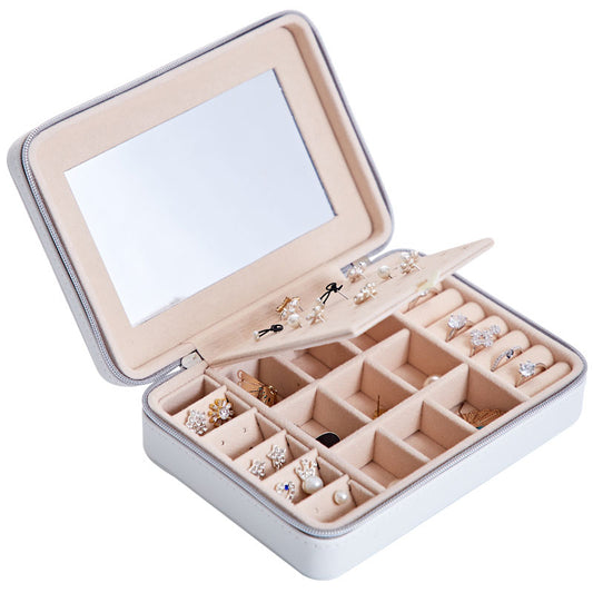 edenista jewelry storage box with beige felt compartments for earrings and rings, mirrored lid
